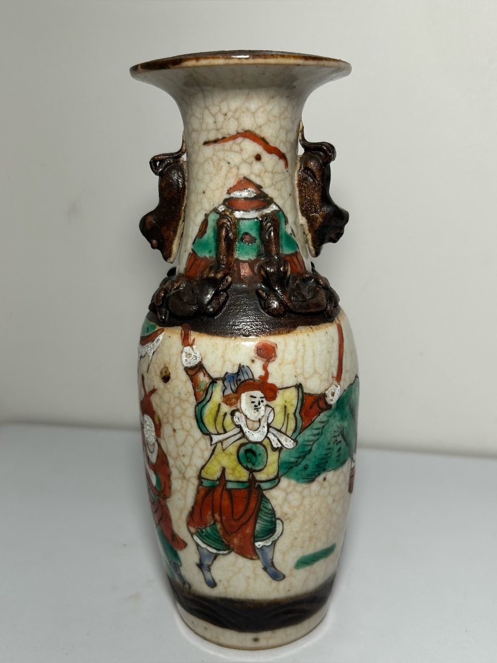 Chinese Cantonese vintage Victorian oriental antique Crackle glaze warrior vase